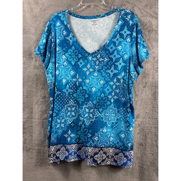 Westport Woman 2X Blue V-Neck Floral Print Short Sleeve Top Rayon/Spandex Blend - Picture 1 of 7